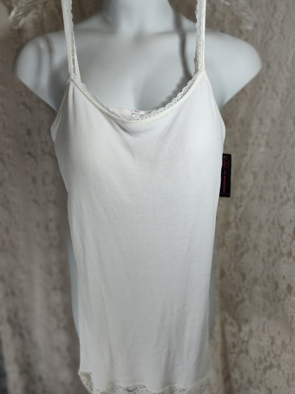 No Boundaries Xtra Long White Lace-Trim Ribbed Camisole